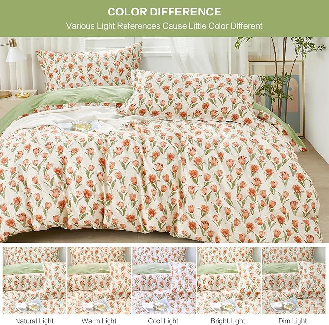 SAPHREAS Red Tulips Floral Green Leaves Duvet Cover Set Twin Size 2pcs Soft Cozy Garden Style Bedding Comforter Cover Set 100% Cotton 1 Duvet Cover 68"x90" 1 Pillow Sham, Comforter Not Included