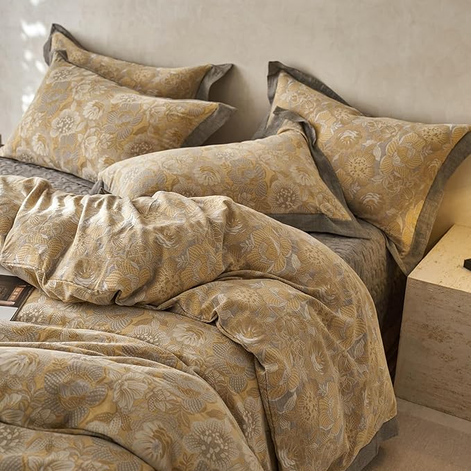EAVD Vintage Style Yellow Floral Duvet Cover Queen Soft 100% Muslin Cotton Yarn-Dyed Jacquard Textured Bedding Set with 2 Pillowcases Linen Like Gauze Botanical Duvet Cover with Zipper Closure