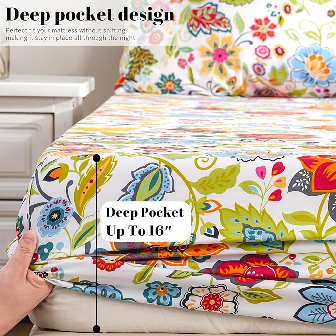 Bedlifes California King Sheet Set Ultra Soft, Breathable, Silky Flower Deep Pocket 100% Microfiber Bedding, 4 Piece Cal King Size with Floral Spring Design