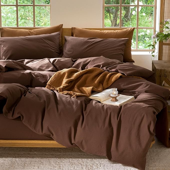 MooMee Bedding Duvet Cover Set 100% Washed Cotton Linen Like Textured Breathable Durable Soft Comfy (Solid Cocoa Brown, Full 80"x90")