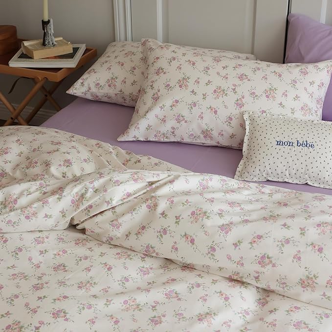 EAVD Girls Floral Duvet Cover Twin Soft Cotton Chic Shabby Pink Purple Floral Bedding Set with 2 Pillowcases Reversible Garden Botanical Duvet Cover with Zipper Closure