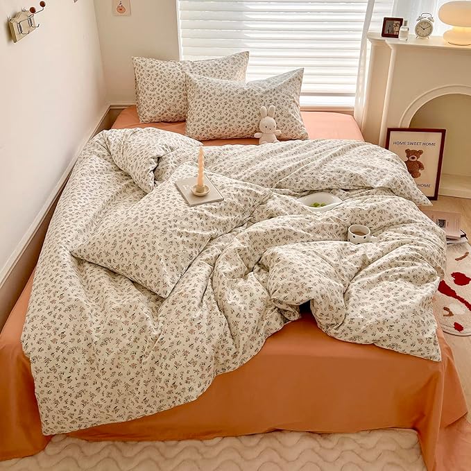 HighBuy Boho Cotton Floral Duvet Cover King White Coquette Comforter Quilt Duvet Covers with Pink Floral,Garden Floral Bedding Set Twin Lightweight Soft Cottagecore Duvet Cover Sets Cute,King