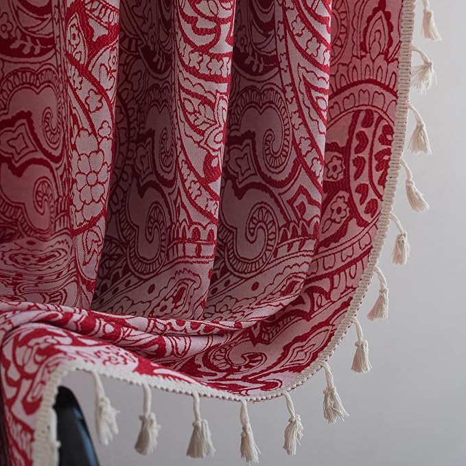 ENJOYBRIDAL Red Paisley 84 Inch Curtains for Bedroom Semi Sheer Drapes Rod Pocket 2 Panels Floor Length Window Curtain Panels for Living Room Farmhouse Jacquard Decorative Vintage Window Treatments