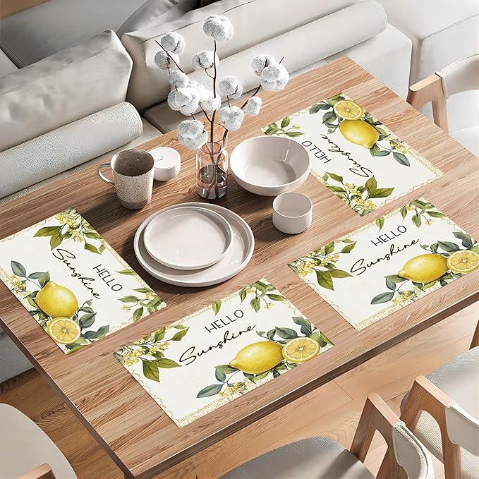Lemon Iris Summer Placemats Set of 6, Rustic Fruit Place Mats, Country Hello Sunshine Dining Table Mats, Washable Placemats for Kitchen Dining Room Home Decor 18L'' × 12W''