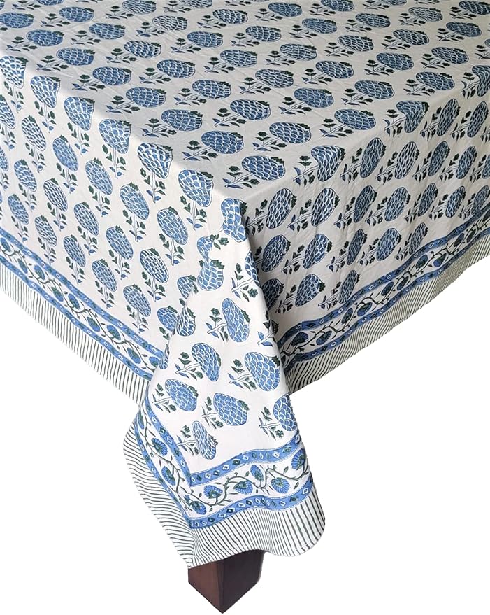 ATOSII Roma Blue 100% Cotton Boho Rectangle Fall Tablecloth, Handblock Floral Print Table Cloth Linen for Kitchen Dining I Parties, Outdoors, Weddings, Christmas, Thanksgiving Decor 60 X 108 Inches