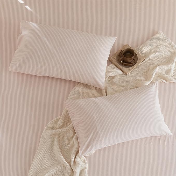 JIYUAN 100% Washed Cotton Striped Duvet Cover Set 3 Pieces King, 1 Duvet Cover and 2 Pillowcases(Comforter Not Included),Linen Like Comfy and Breathable,Pinstripes-Heathered Greyish Pink White