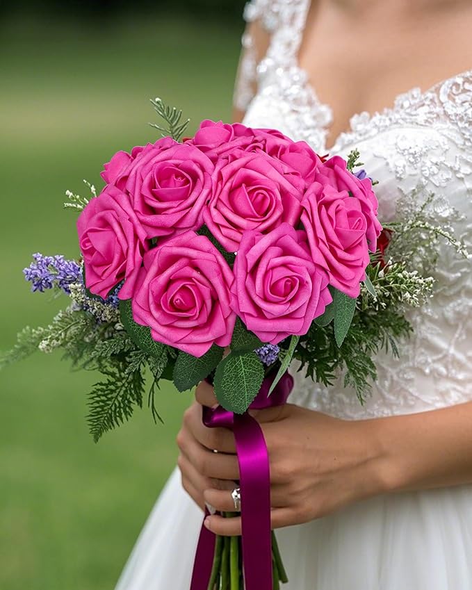 DuHouse 50Pcs Artificial Roses Flowers Fake Roses with Stems Real Touch Foam Flowers for DIY Wedding Bouquet Baby Shower Centerpiece Floral Arrangement Party Home Decor(Hot Pink)