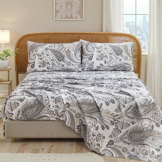 100% Cotton Sheet Set Queen Size – 4-Piece Luxury Grey Paisley Bedding Set, Extra Soft Breathable Percale Weave, Deep Pocket Fitted Sheet 17.5", Crisp Cool Feel Bed Sheet