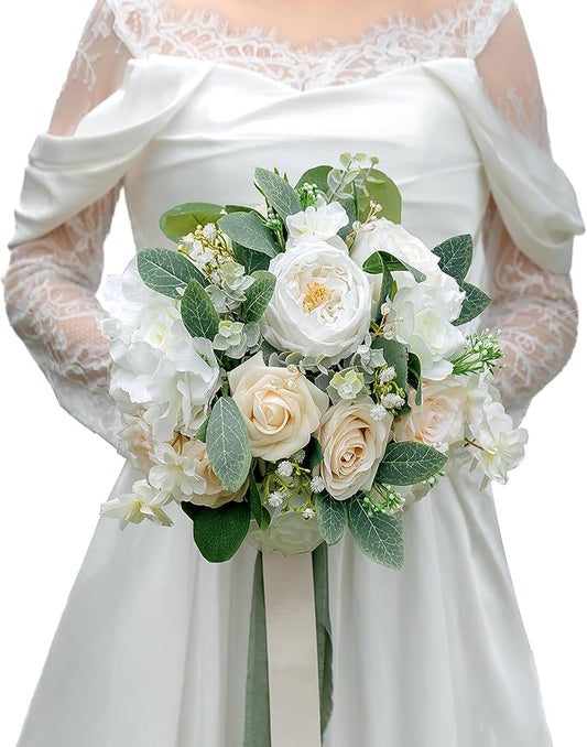 10 Inch White Bridal Bouquet,Wedding Bouquet,Bride Bouquets for Wedding Ceremony Anniversary, Party and French Rustic Vintage Wedding,Artificial Flowers