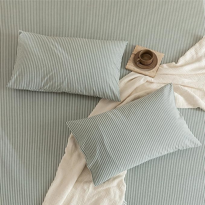 JIYUAN 100% Washed Cotton Striped Duvet Cover Set 3 Pieces King, 1 Duvet Cover and 2 Pillowcases(Comforter Not Included),Linen Like Bedding Set Comfy and Breathable,Pinstripes-Heathered Green White