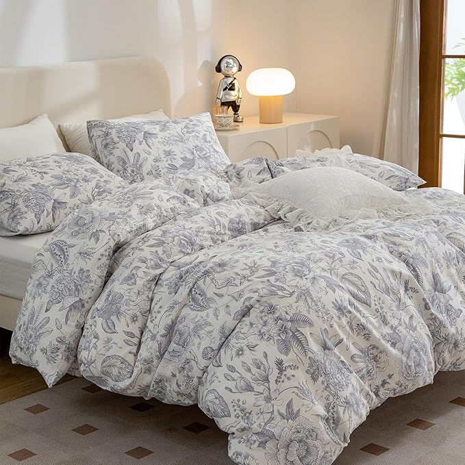 Queen Comforter Set Floral 3 Pieces Soft Bedding Comforter Set Garden Style Vintage Floral Botanical Flower Comforter Set for All Seasons 1 Comforter and 2 Pillowcases (Flower, Queen)