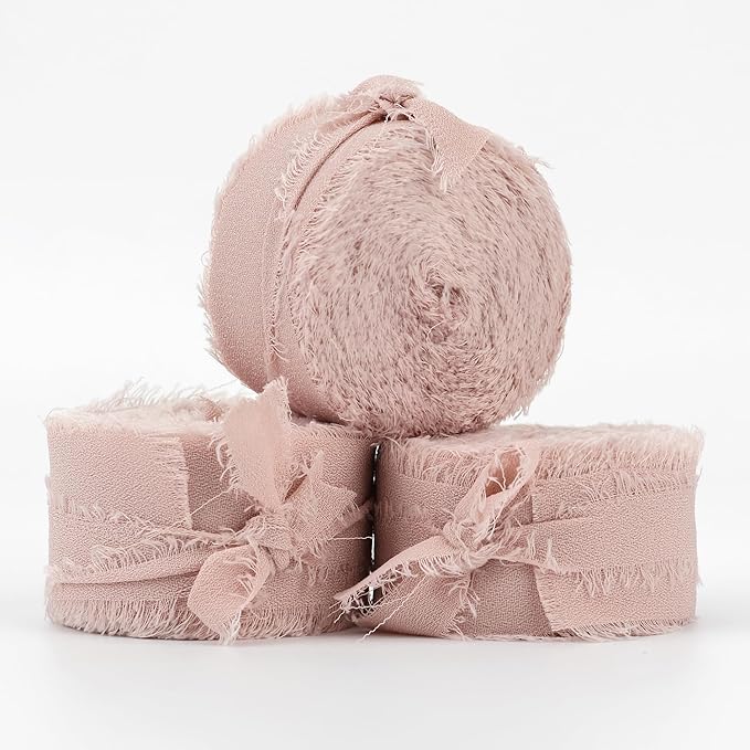 MEEDEE Dusty Rose Chiffon Ribbon 1 Inch Fringe Ribbons Dark Pink Chiffon Silk Frayed Edge Ribbon Thin Chiffon Ribbons for Crafts, Gift Wrapping, Wedding Invitation (3 Rolls 21 Yards)