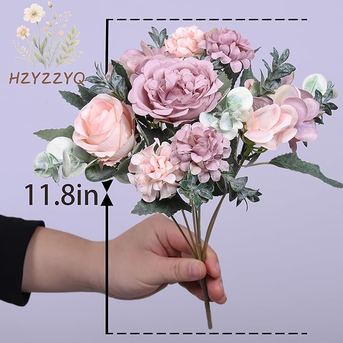 8 Pack Artificial Peony Flowers, Silk Peonies Flowers Fake Peonies Artificial Flowers Peonies Hydrangea Bouquet for Centerpiece Table Wedding Party Home Decor (8, Purple + Pink)