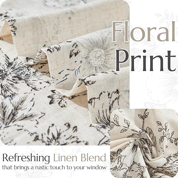 jinchan Pinch Pleated Curtains Floral Linen Blend Curtains for Living Room 84 Inches Length Black Peony Flower Printed Curtain Rod Pocket Back Tab Farmhouse Pinch Pleat Drapes with Hooks Set 2 Panels