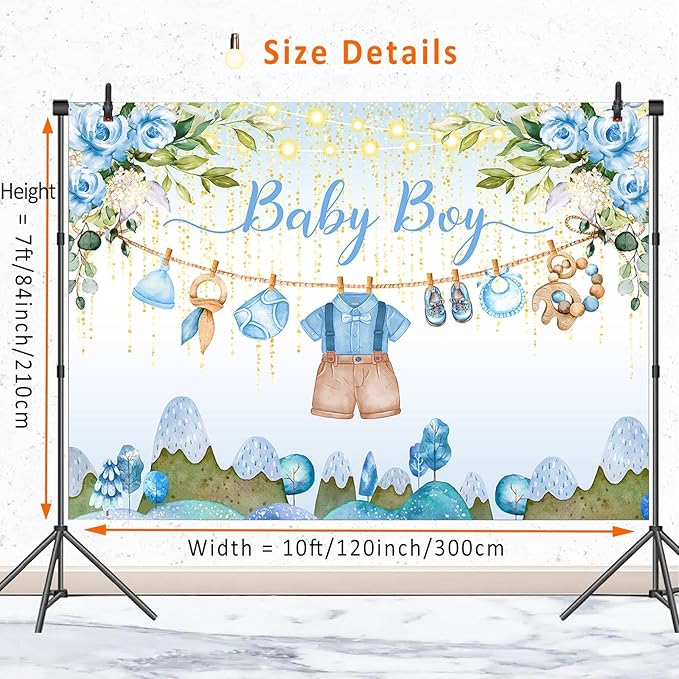 Blue Floral Baby Shower Backdrop Baby Boy Shower Decorations,Oh Baby Boy Outfit Backdrops Banner Watercolor Flower Photography Background for Baby Shower Party Supplies Photo Booth Prop 10x7ft
