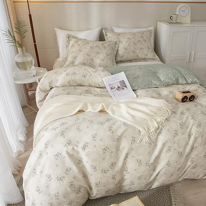 LifeTB Boho Floral Duvet Cover Twin Kids Girl Garden Style Bedding Sets 100% Cotton White Beige Sage Green Floral Branches Pattern Comforter Cover Lightweight Soft Chic Floral Bedding Collection