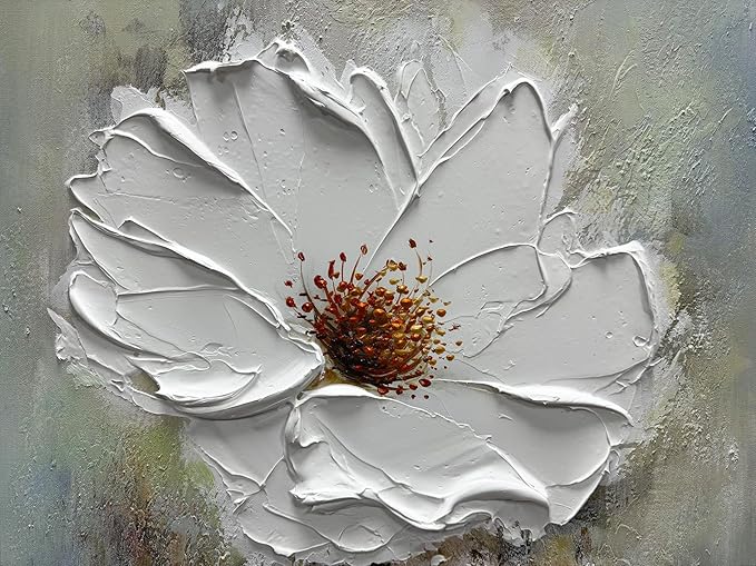 moshinart 24 x 36in Hand-Painted Oil Painting 3D Texture Black White Grey Modern Minimalist Black Abstract Wall Art, Home Office Wall Decoration White Flower