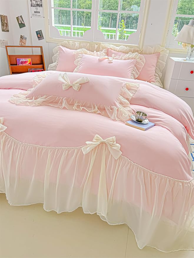 Girls Lace Bedding,Pink Full Comforter Cover Set, Chic Ruffled Duvet Cover with Lovely Bow,Princess Style 1 Duvet Cover with 2 Pillowcases, No Comforter-Pink,Full Size