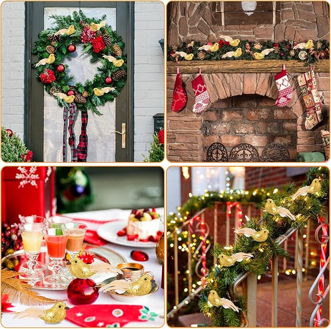 Cosweet 12 Pcs Gold Cardinal Artificial Birds with Clip - Cardinal Bird Christmas Ornament with Feather Wreath Flower Arrangement Supplies for Xmas Tree Party Decor DIY Craft Gifts