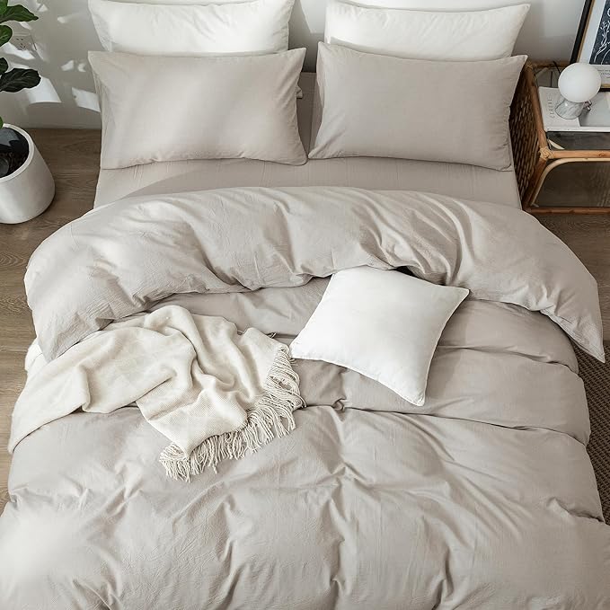 MooMee Bedding Duvet Cover Set 100% Washed Cotton Linen Like Textured Breathable Durable Soft Comfy (Heathered Cream Grey, Palatial King/Oversized King 120"x98")