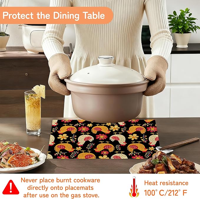 Cute Roosters Placemat Set of 6,Flower Heat Resistant Linen Table Mats for Indoor Outdoor Home Kitchen Dining Room Table 12x18Inch