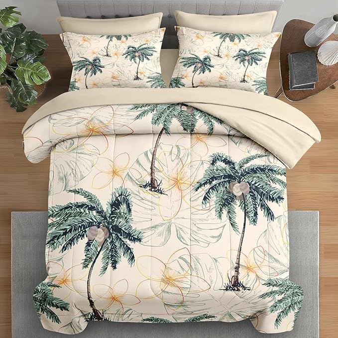 Comforter Set Queen Size, Tropical Botanical Palm Summer 7 Pcs Bedding for Kids and Adults, Hawaiian Coconut Tree Bed Sheet Sets with Fitted Sheet 2 Pillowcase & 2 Sham for Bedroom Bed Decor