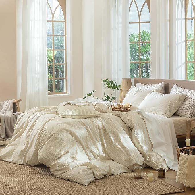MooMee Striped Duvet Cover Set 100% Washed Cotton Linen Like Textured Breathable Durable Soft Comfy (Almond Milk Grey White Wide Stripes, Super Queen 90"x98")