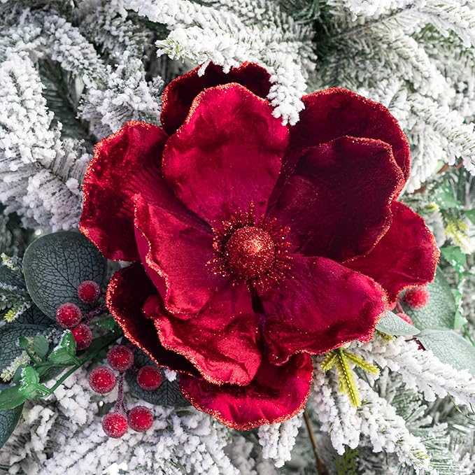 KI Store Velvet Christmas Poinsettia Burgundy Artificial Magnolia Flower Ornaments Floral Picks Stems for Christmas Tree Decorations Pack of 6 for Xmas Tree Wedding Centerpiece