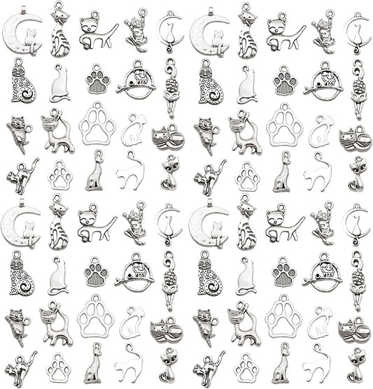 WOCRAFT 60pcs Antique Silver Cat Bracelet Charms for Jewelry Making Sets DIY Necklace Bracelet Keychain Crafting Charms Kit Craft Supplies (SN839)