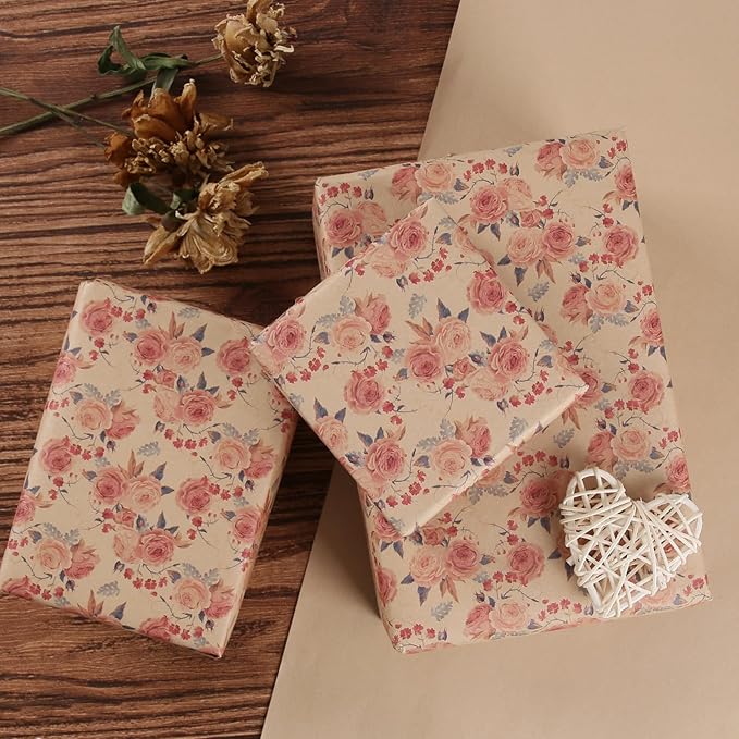 Aimyoo Pink Rose Floral Kraft Wrapping Paper Roll, All Occasion Vintage Flower Gift Wrap for Wedding Birthday Bridal Shower, 17 inch x 60 ft