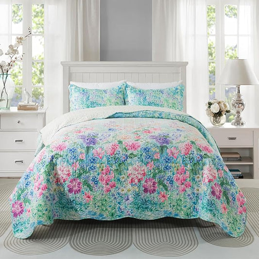 Travan Floral Quilt King Quilt Bedding Set, Ultra Soft & Fade Resistant King Size Quilt Set with 1 Quilt Set and 2 Shams Purple Quilt for All Season, Dream Garden-Purple, King