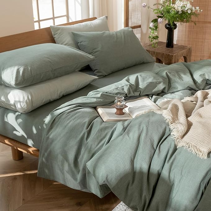 MooMee Bedding Duvet Cover Set 100% Washed Cotton Linen Like Textured Breathable Durable Soft Comfy (Heathered Green, Twin 68"x90")