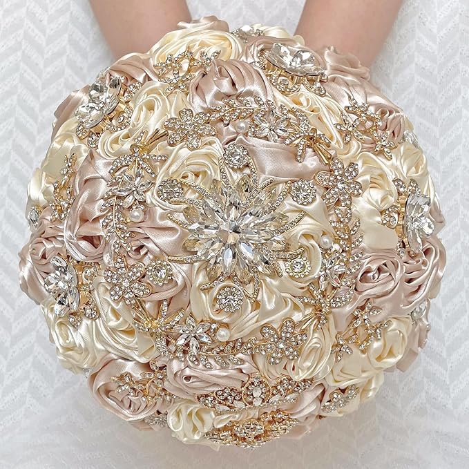 Handmade Satin Rose Floral Bling Pearl Decor Bridal Wedding Bouquet Rhinestone Pendant Artificial Brooch Flowers for Bride Bridesmaid Quinceanera