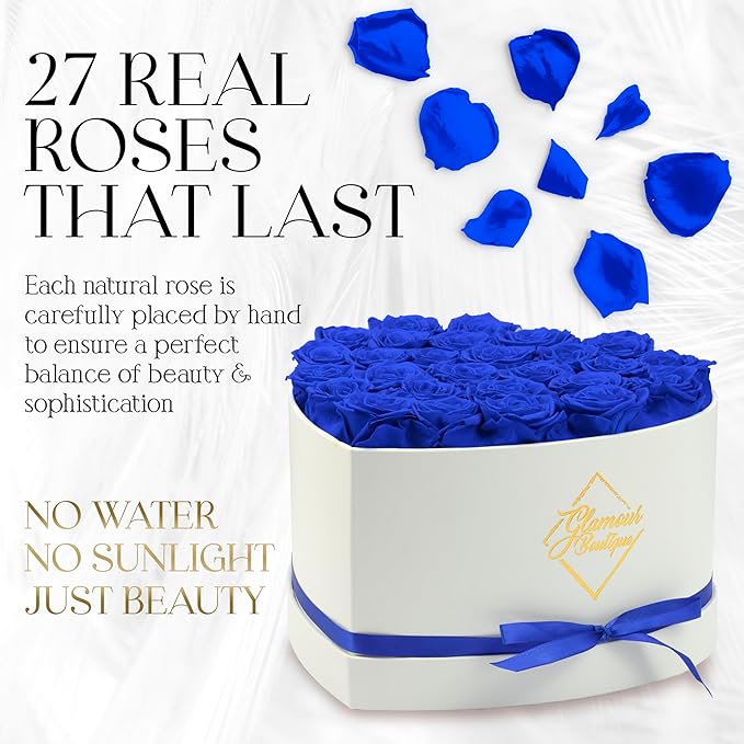 GLAMOUR BOUTIQUE Preserved Roses in a Box - Gifts for Her, Wife & Mom, Rose Flowers Forever Decor for Birthday Gift, Get Well Flower Bouquet Cased in White Box with Cover - Blue - 27-Piece