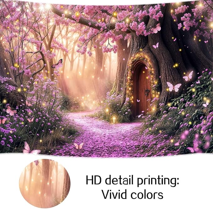5X3ft Enchanted Forest Backdrop Fairy Tale Purple Garden Wonderland Tree House Floral Background for Kids Girl Baby Shower Birthday Party Decoration Banner Cake Table Photo Booth Props