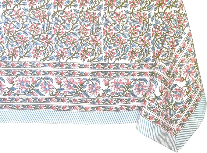 ATOSII Kalina 100% Cotton Rectangle Tablecloth, Handblock Floral Linen Table Cloth for Kitchen Dining Table I Parties Wedding Outdoors I Home Decor 60 X 108 Inches