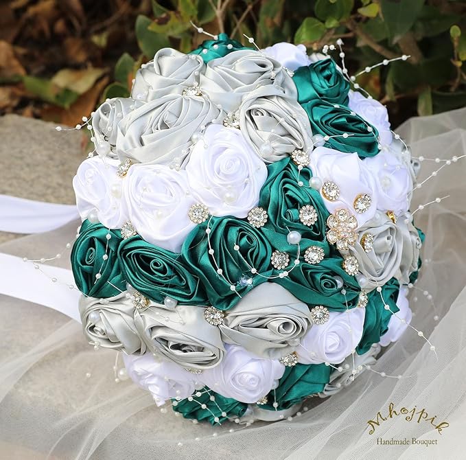 Bridal Wedding Bouquet Round Bling Brooch Bouquet Throw Toss Artificial Rose Flower Bunch for Bride Bridesmaid Wedding Quinceanera(Dark Green, Silver & White, 6.3")
