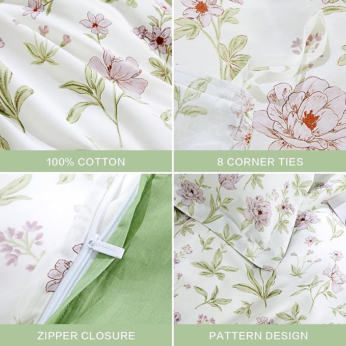 SAPHREAS Pink Lavender Floral Duvet Cover Set Queen Size 3pcs Garden Style Botanical Blossom Bedding Comforter Cover Set 100% Cotton 1 Duvet Cover 90"x90" 2 Pillow Shams, Comforter Not Included