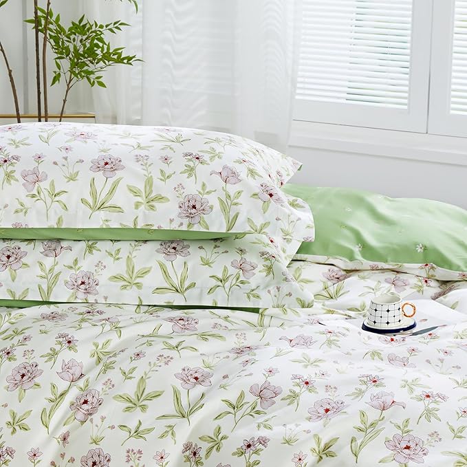 SAPHREAS Pink Lavender Floral Duvet Cover Set Queen Size 3pcs Garden Style Botanical Blossom Bedding Comforter Cover Set 100% Cotton 1 Duvet Cover 90"x90" 2 Pillow Shams, Comforter Not Included