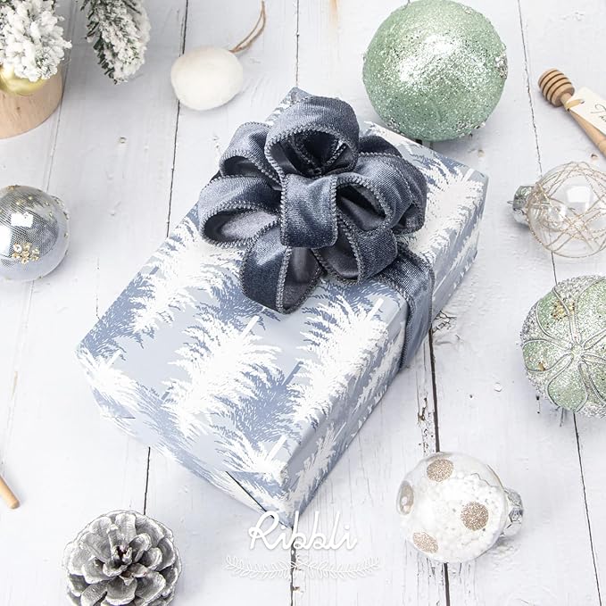 Ribbli Dusty Blue Velvet Wired Ribbon 1 Inch Velvet with Satin Christmas Ribbon for Gift Wrapping Christmas Tree Decoration Crafts Wreaths Supplies-Continuous 10 Yards