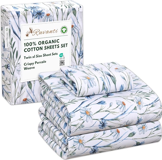 RUVANTI 100% Organic Cotton Sheets Twin XL, Percale Weave, GOTS Certified, 3-Piece Set, Deep Pocket 15", Crisp & Breathable, Soft Durable Bedding, Sábanas Algodón Orgánico – Daisy Bud