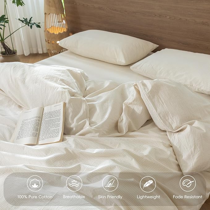 MooMee Striped Duvet Cover Set 100% Washed Cotton Linen Like Textured Breathable Durable Soft Comfy (Almond Milk Grey Pinstripes, Twin 68"x90")