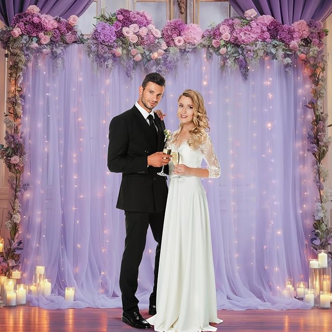 10x10ft Purple Tulle Backdrop Curtain with Lights String for Parites, Sheer Backdrop Curtains for Wedding Baby Shower Birthday Party Photo Shoot Decorations