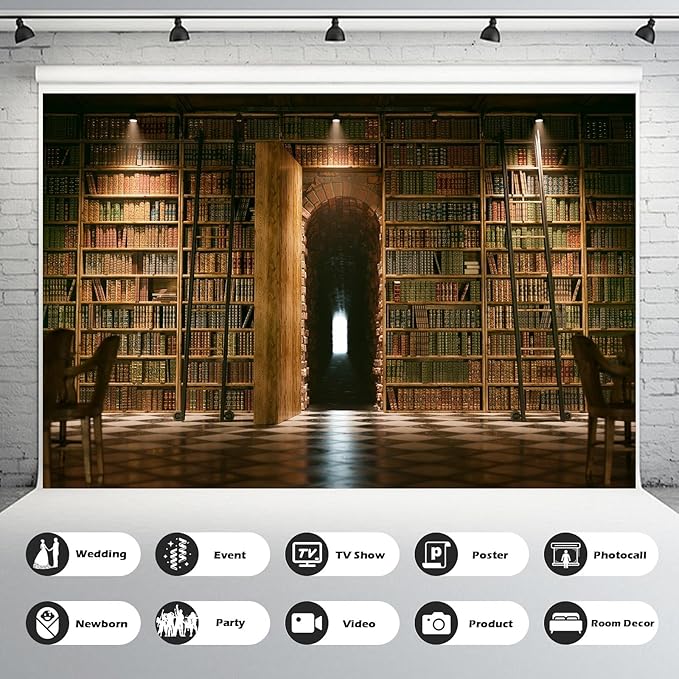 Bookshelf Backdrop Vintage Bookcase Old-Fashioned Library Room with Books Photography Background Magic Books Ancient Library for Book Theme Party Decorations Birthday Photoshoot Props 8x6ft