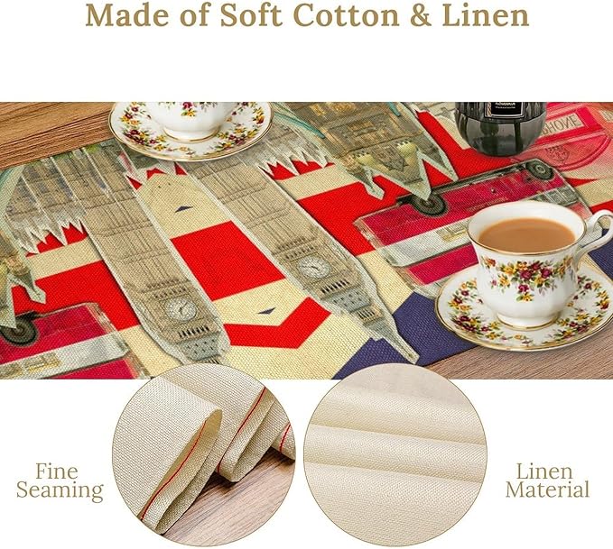 British Table Runner, Seasonal Vintage Buildings England London Culture Element Coffee Table Center Decor for Home Kitchen Dining Patio Holiday Party Table Decorations 13x36 inches