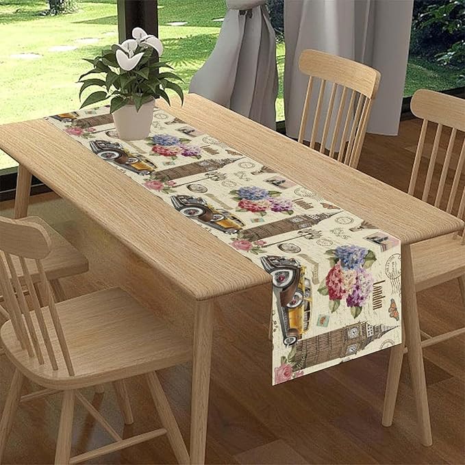 British Table Runner, Seasonal Vintage Floral England London Culture Element Coffee Table Center Decor for Home Kitchen Dining Patio Holiday Party Table Decorations 13x36 inches
