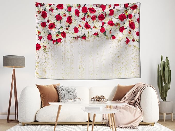 MAEQLQLM 5x3ft Wedding Flower Wall Backdrop Romantic Red White Floral Wall with Hanging Flowers Photography Background for Wedding Party Decor Bridal Shower Photo Booth Props