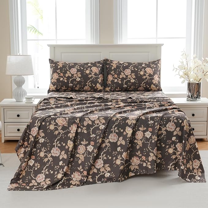 Zusbest Dark Brown Floral Bed Sheets Set - King Size Percale Cotton Shabby Rustic Peony Flower Print Bed Sheets - Soft Breathable Mocha Classic Vintage Bedding 4 Pcs Deep Pocket Flower Bed Sheets