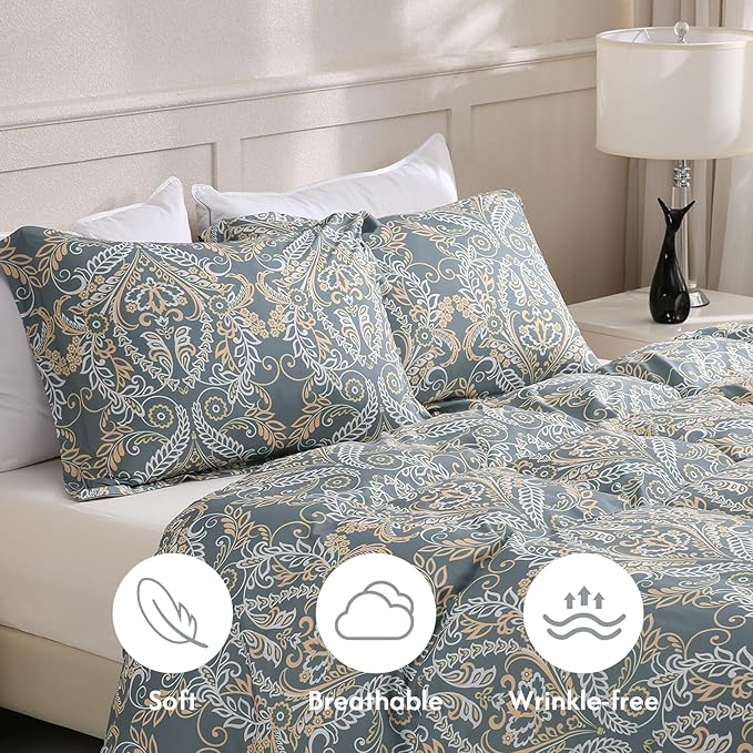 LONAVA King Paisley 3 Pcs Duvet Cover Set, Breathable Soft Microfiber Grey Lining Comforter Cover with Zipper Closure, and 2 Anti-Pilling, Fade Resistant Pillowcases, Green Pasliey