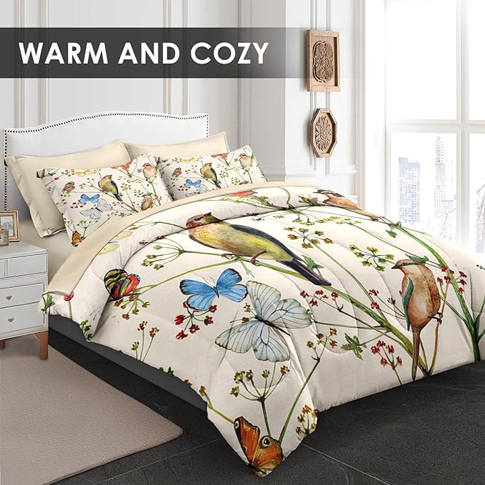 Comforter Set Twin Size, Vintage Birds Butterfly Colorful 5 Pcs Bedding for Kids and Adults, Floral Beige Spring Bed Sheet Sets with Fitted Sheet Pillowcase & Sham for Bedroom Bed Decor